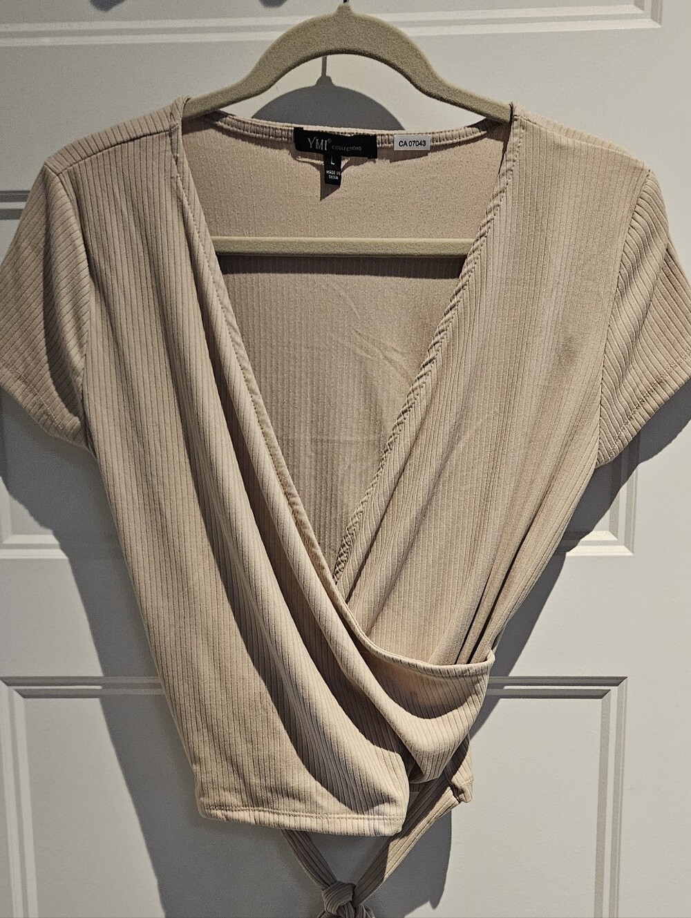 YMI Beige Ribbed Tie-Front Crop Top